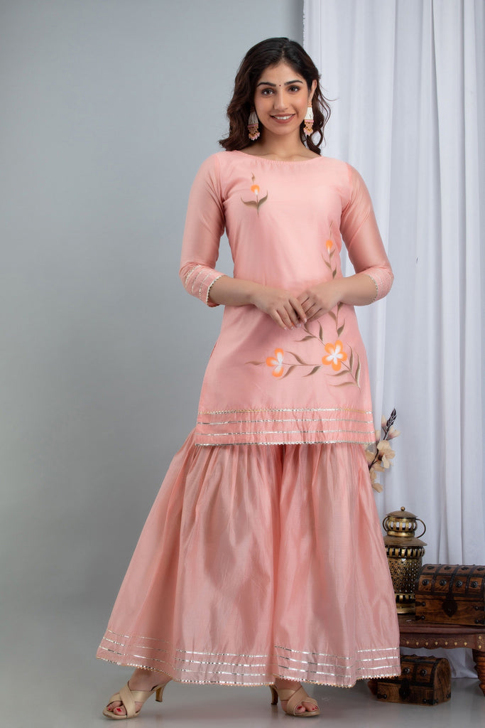 Women's Zubeida Three-Piece Set Comprising Hand Painted Chanderi Kurta Sharara And Dupatta