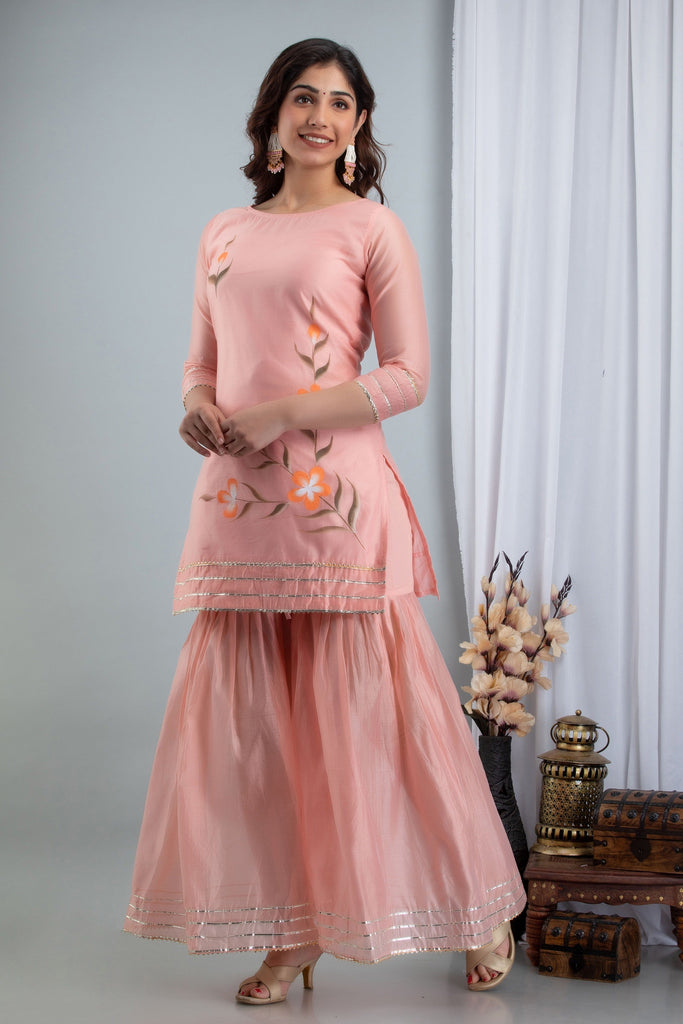 Women's Zubeida Three-Piece Set Comprising Hand Painted Chanderi Kurta Sharara And Dupatta
