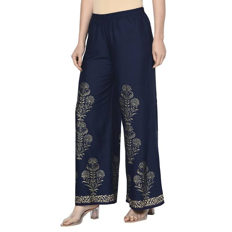Women's Navy Blue Rayon Gold Print Flared slip-on Palazzo