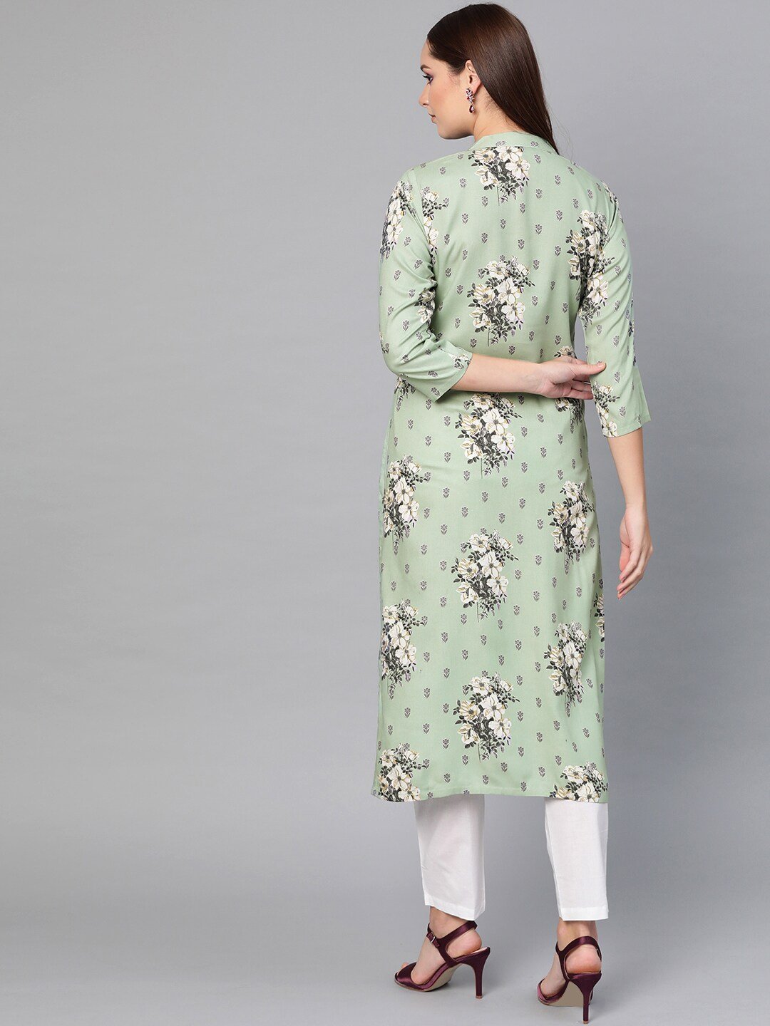 Women's  Green & Grey Floral Print Straight Kurta - AKS