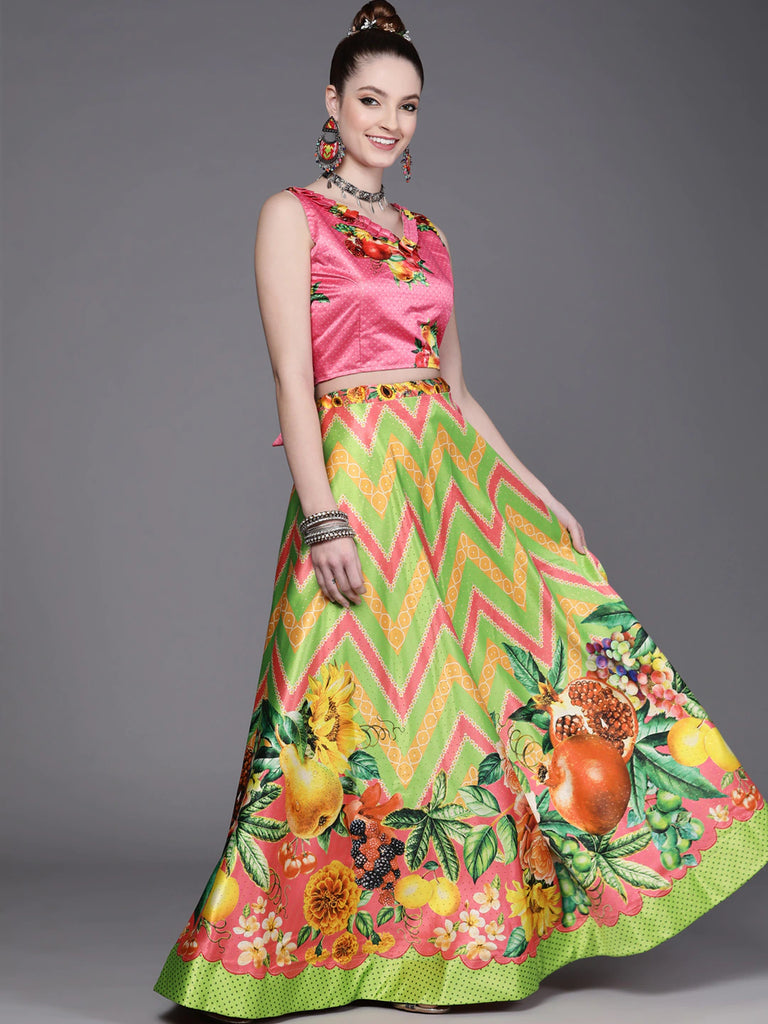 Women's Digital Print Shiney Satin Semistitched Lehenga Choli With Unstitched Blouse And Thred Work Dupatta