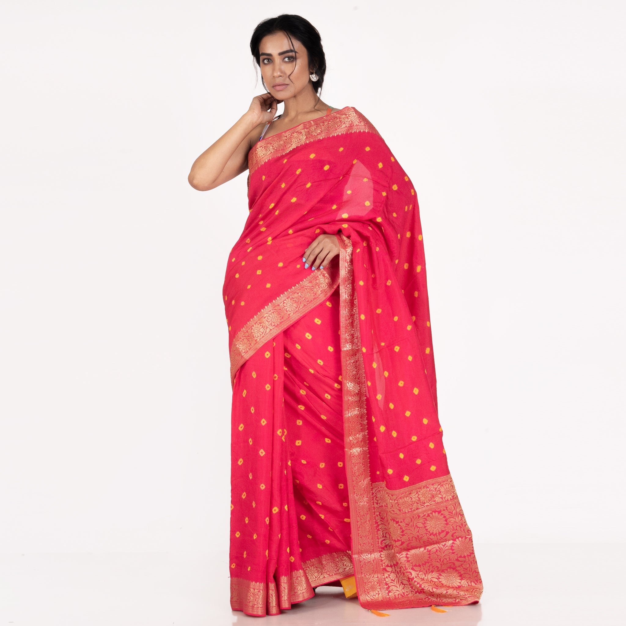 Women's Red And Yellow Pure Silk Bandhej Saree With Woven Zari Border And Pallu - Boveee
