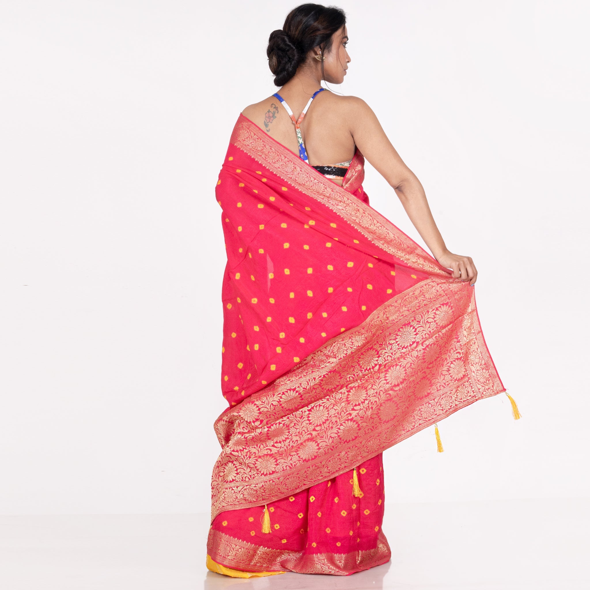 Women's Red And Yellow Pure Silk Bandhej Saree With Woven Zari Border And Pallu - Boveee