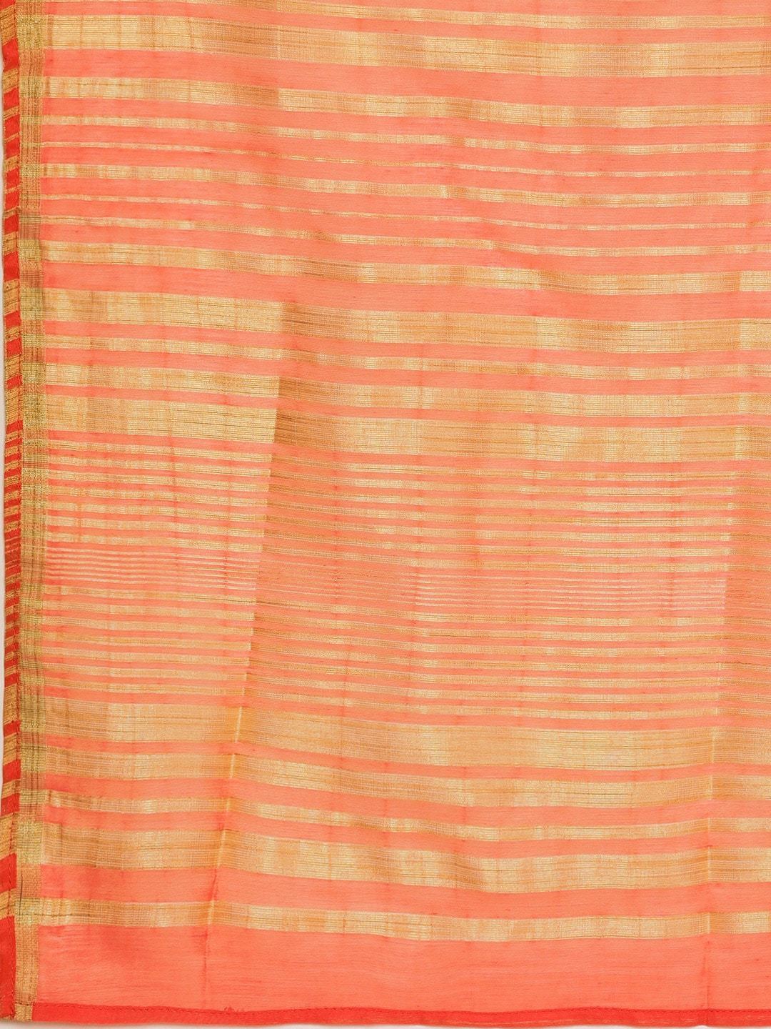 Women's  Coral Orange & Golden Striped Kurta with Sharara & Dupatta - AKS