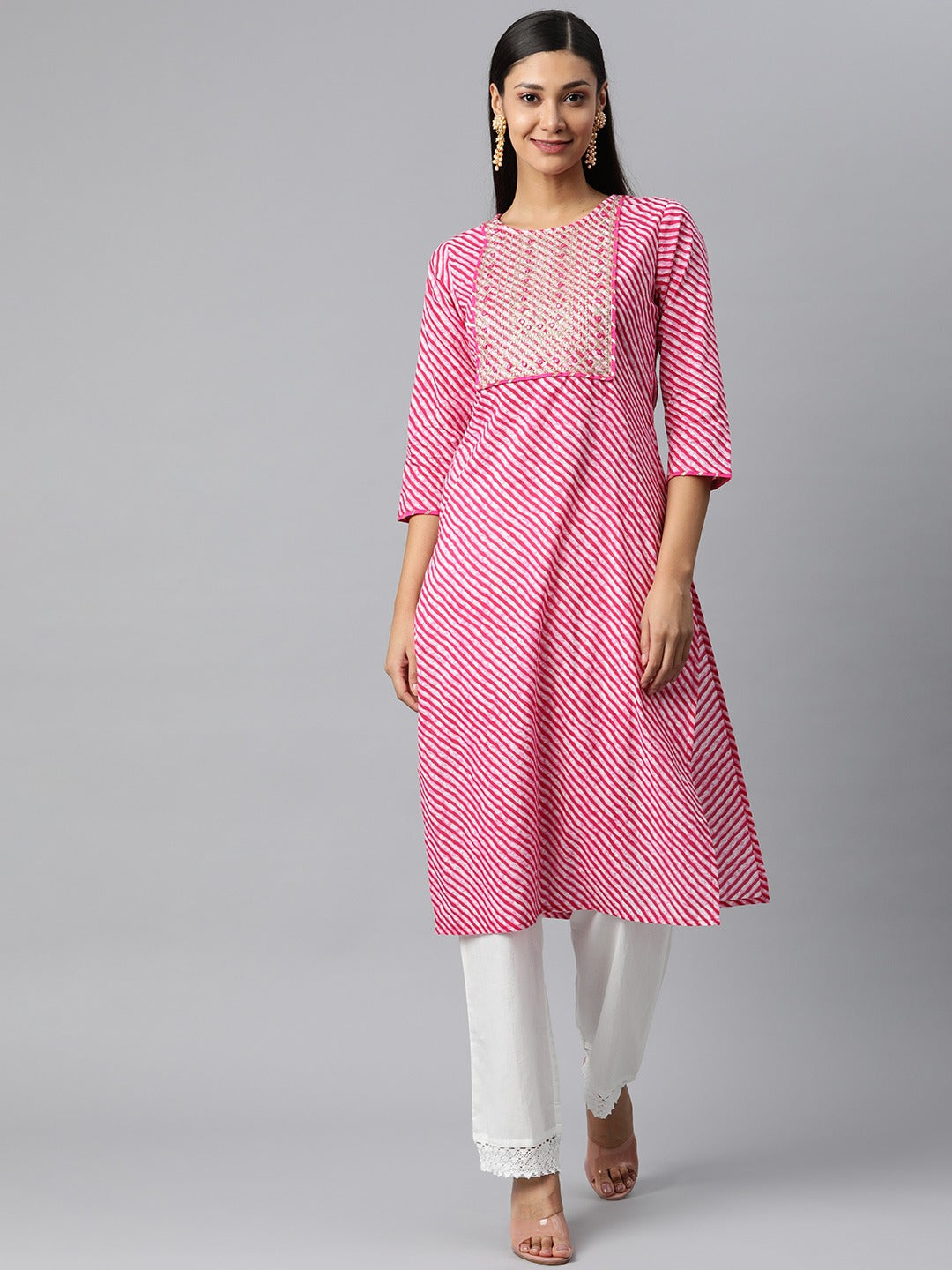 Women's Floral Printed Thread Work Pure Cotton Kurta With Trousers  With Dupatta - Hatheli