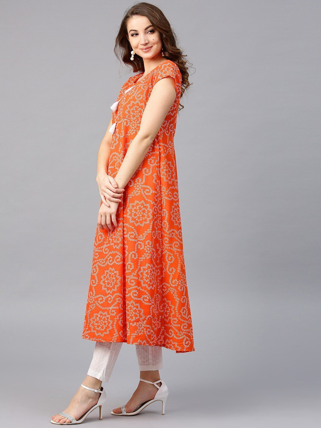 Women's  Orange & White Printed Anarkali Kurta - AKS