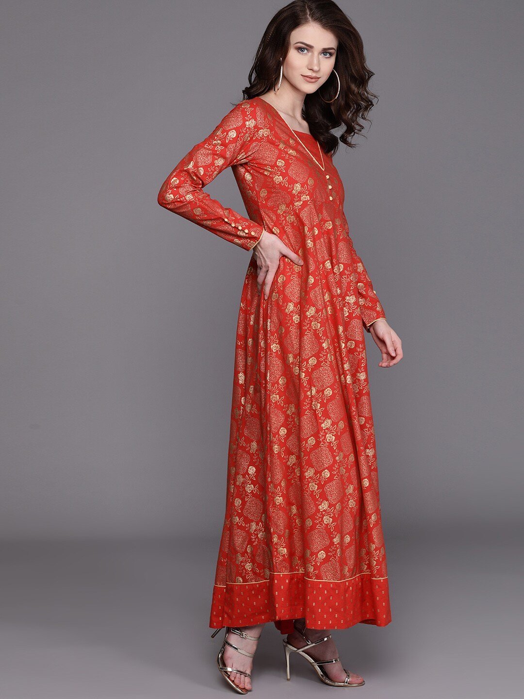 Women's  Red & Golden Printed Maxi Dress - AKS