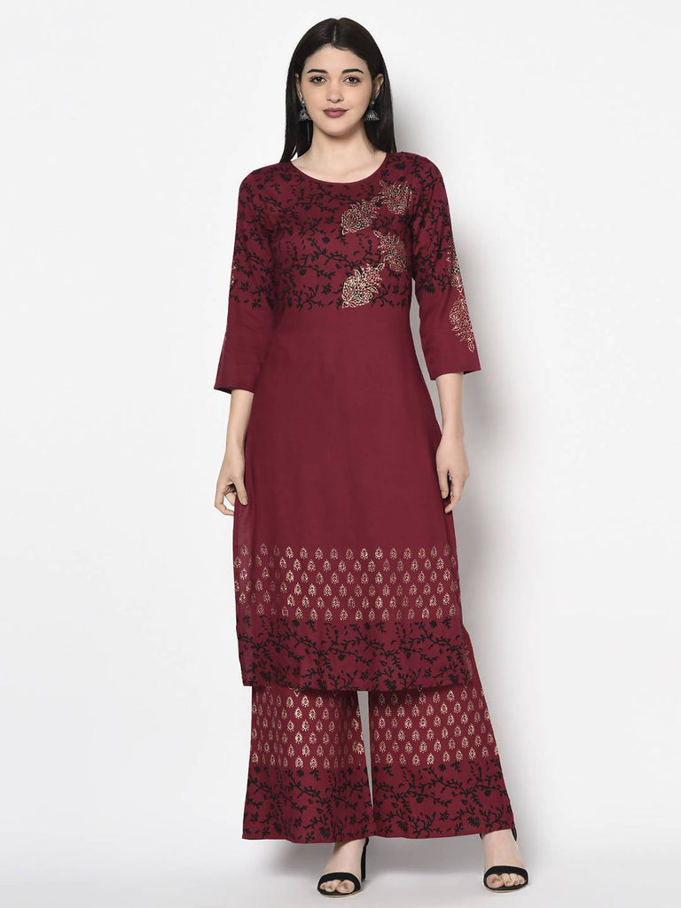Women's Maroon Rayon Block print straight kurta
