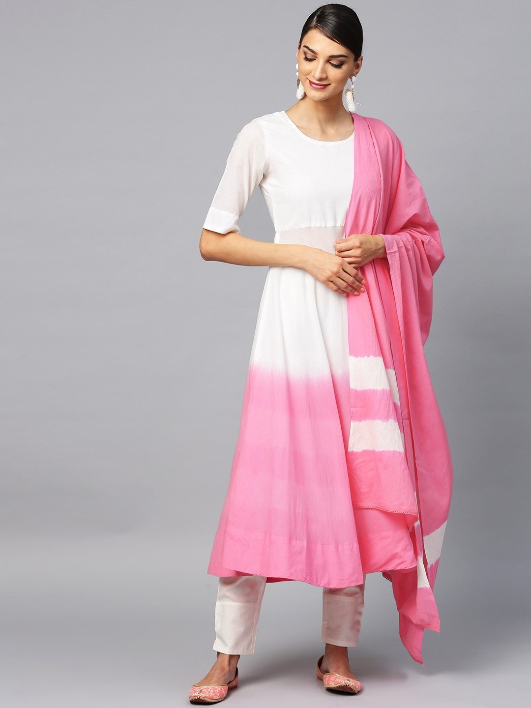 Women's  Pink & White Dyed Kurta with Trousers & Dupatta - AKS