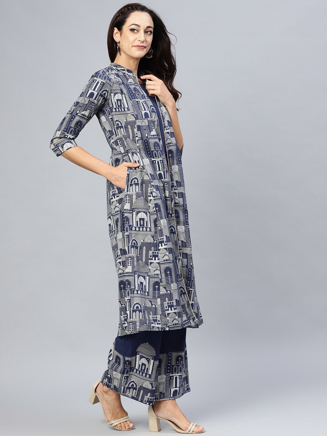 Women's  Navy Blue & Off-White Quirky Khari Print Layered A-Line Kurta - AKS