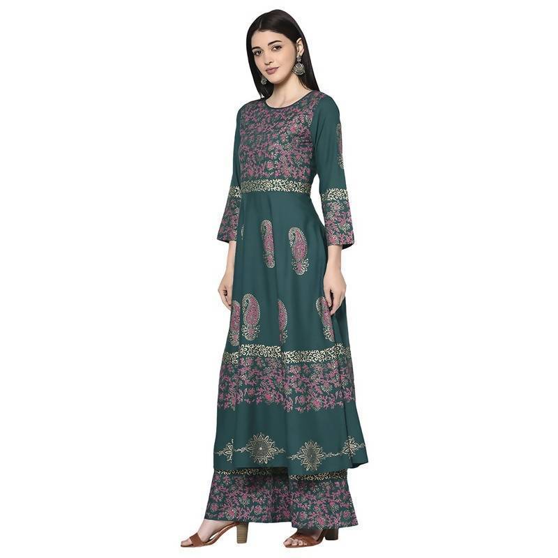 Women's Teal Blue Rayon Block print Anarkali Kurta