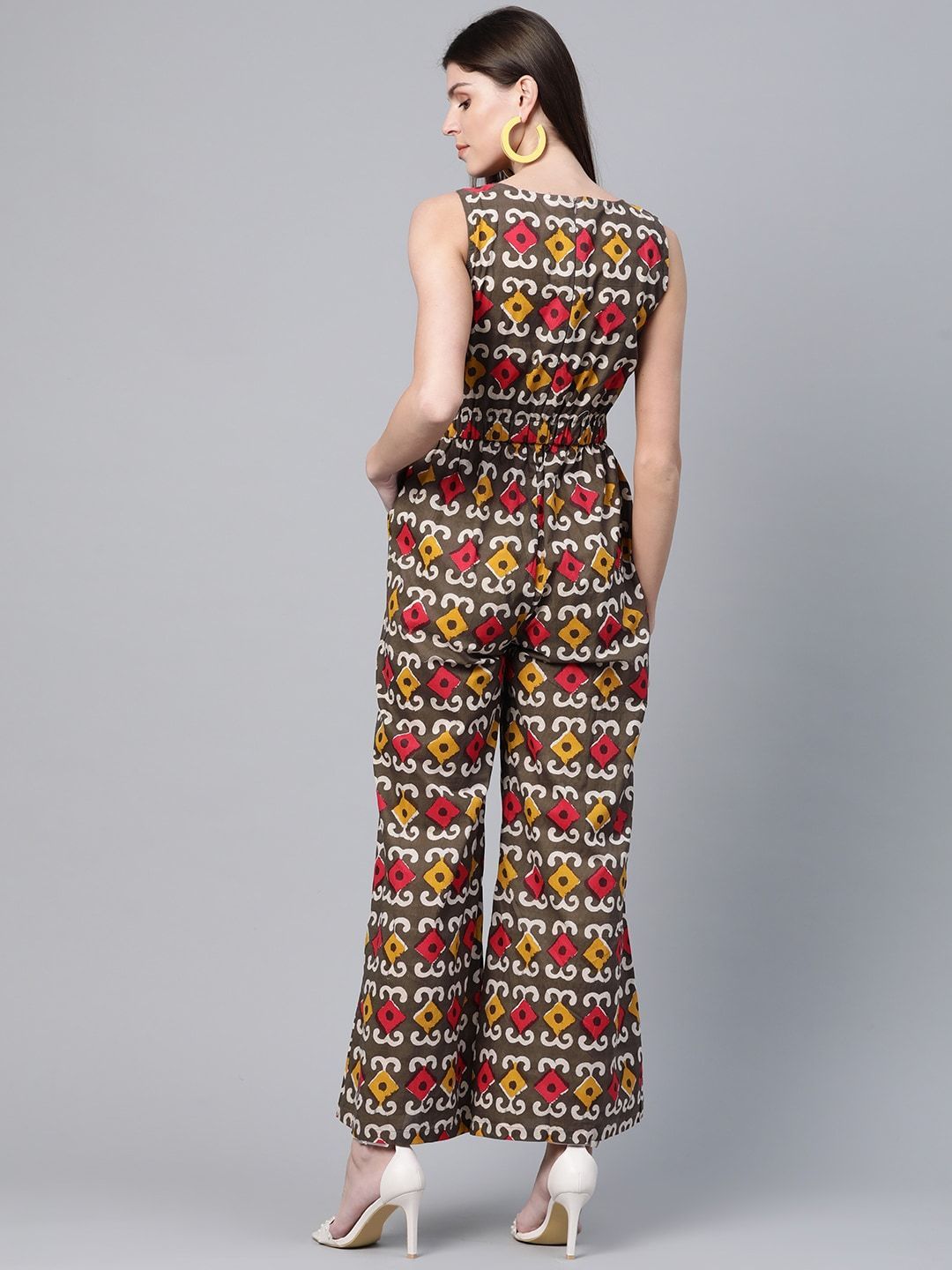 Women's  Olive Brown & Red Printed Basic Jumpsuit - AKS