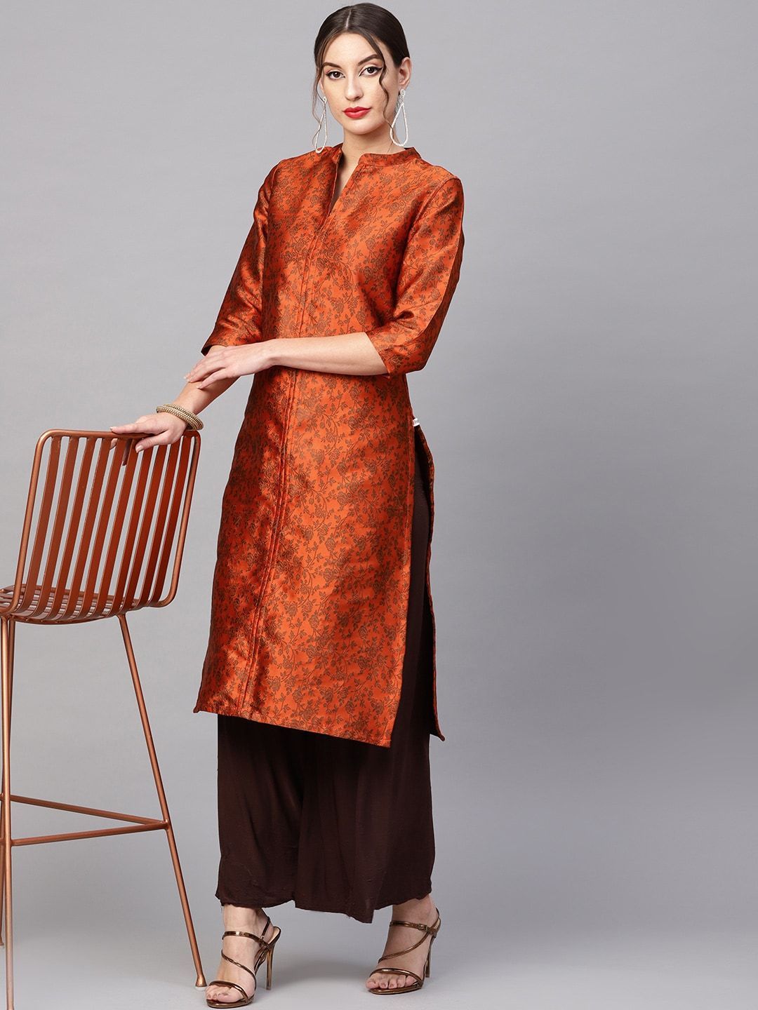 Women's  Orange & Brown Woven Design Brocade Reversible Straight Kurta - AKS
