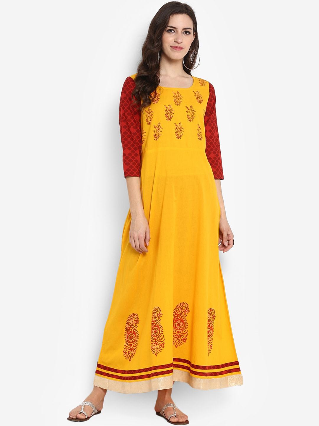 Women's Mustard Yellow Printed Fit and Flare Dress - Meeranshi