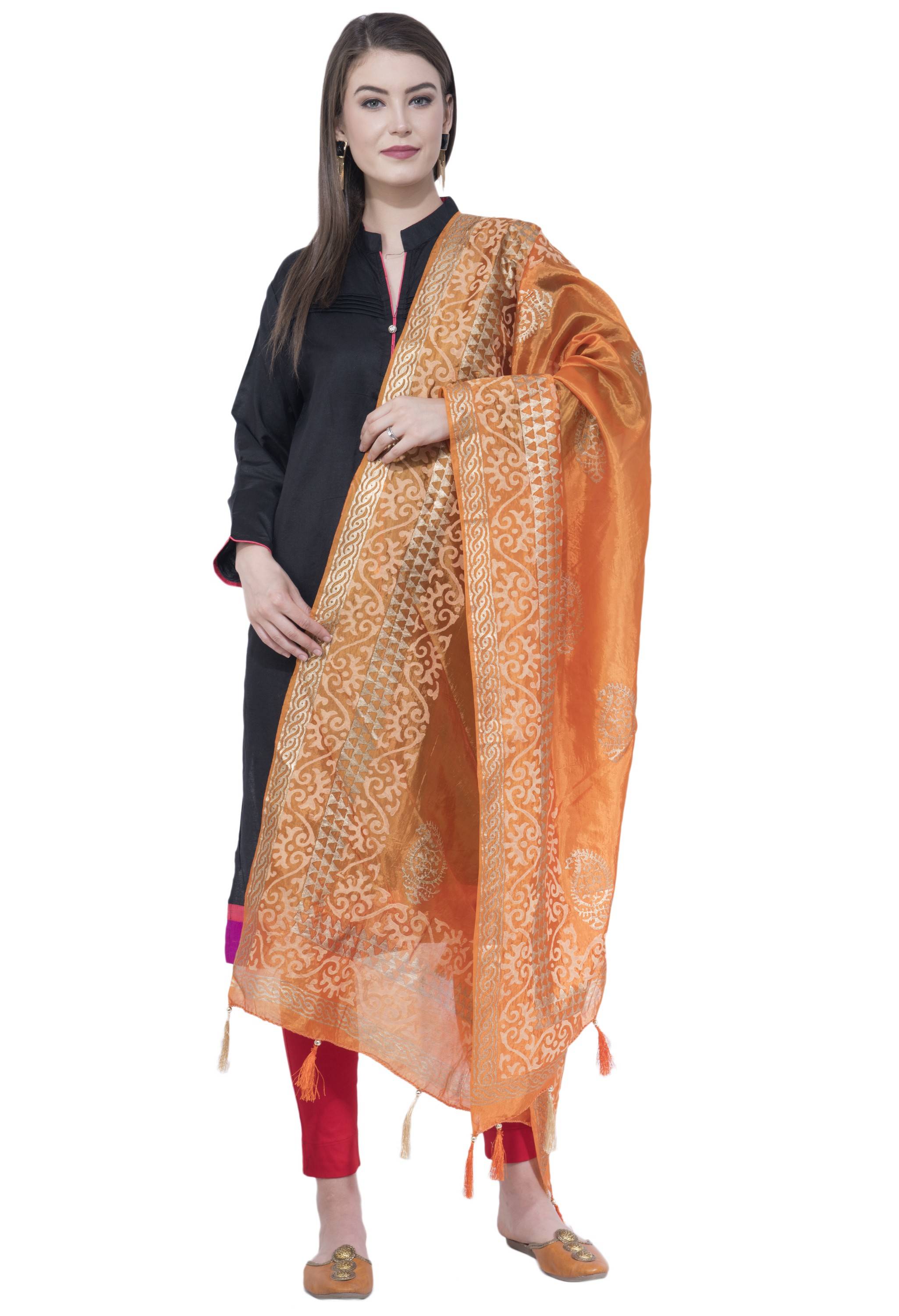 A R SILK Orange Color Silk Pahadi Print Dupattas and Chunnis