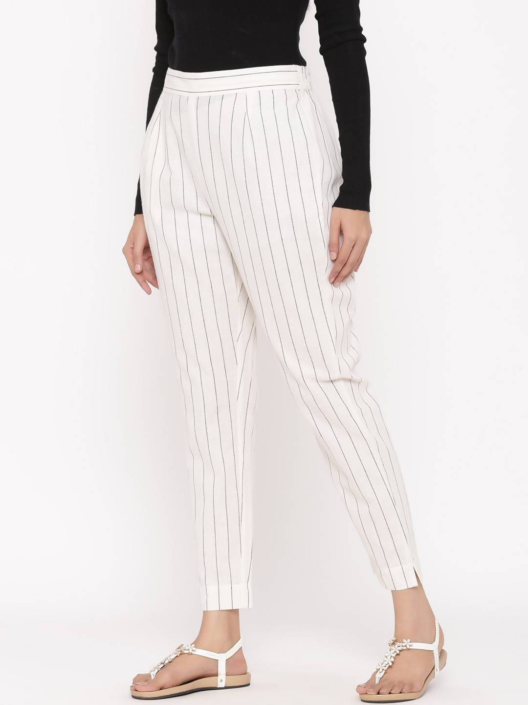 Women's Offwhite Cotton Striped Straight Pants - Juniper