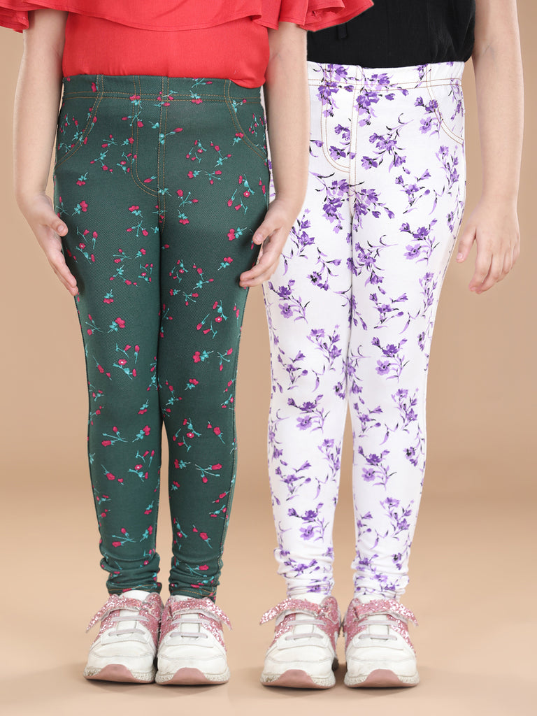 Girl's  Cotton Floral Printed Pack Of 2 Jeggings - S