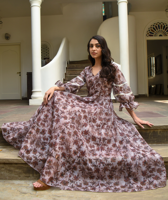 Women's Chanderi Pintex Printed Gown (1Pc) - Saras The Label