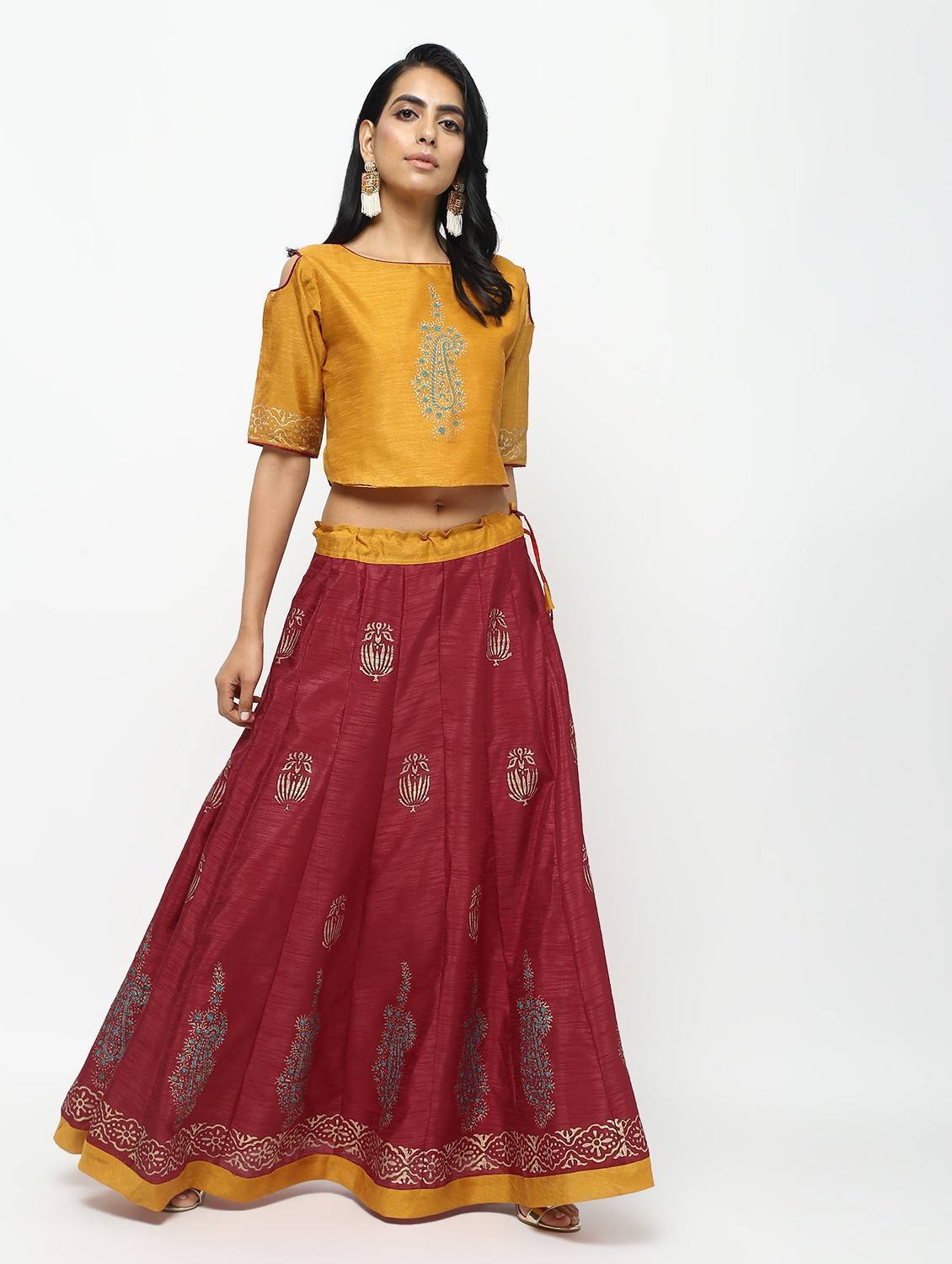 Women's Lehenga Skirt With Beautiful Block Print And Contrast Top - Cheera