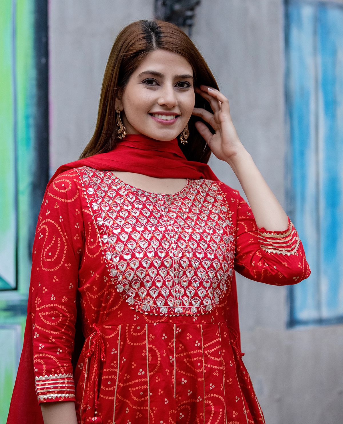 Women's Red Bandhej Printed Anarkali Suit Set - KAAJH