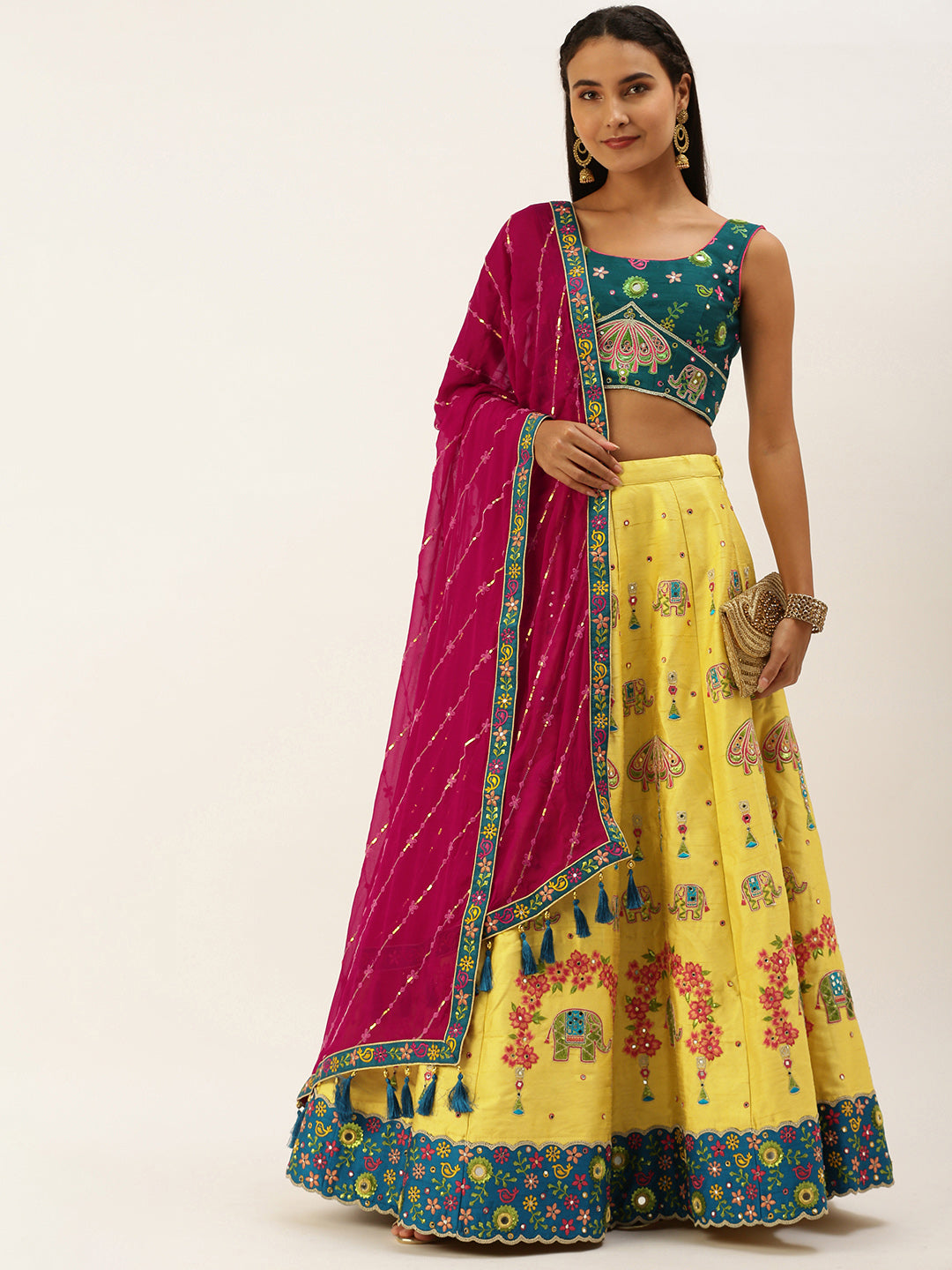 Women's Yellow Pure Silk Thread & Mirror Work Lehenga & Blouse With Dupatta - Royal Dwells