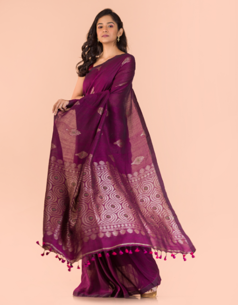 Women's Purple handwoven line saree - Angoshobha