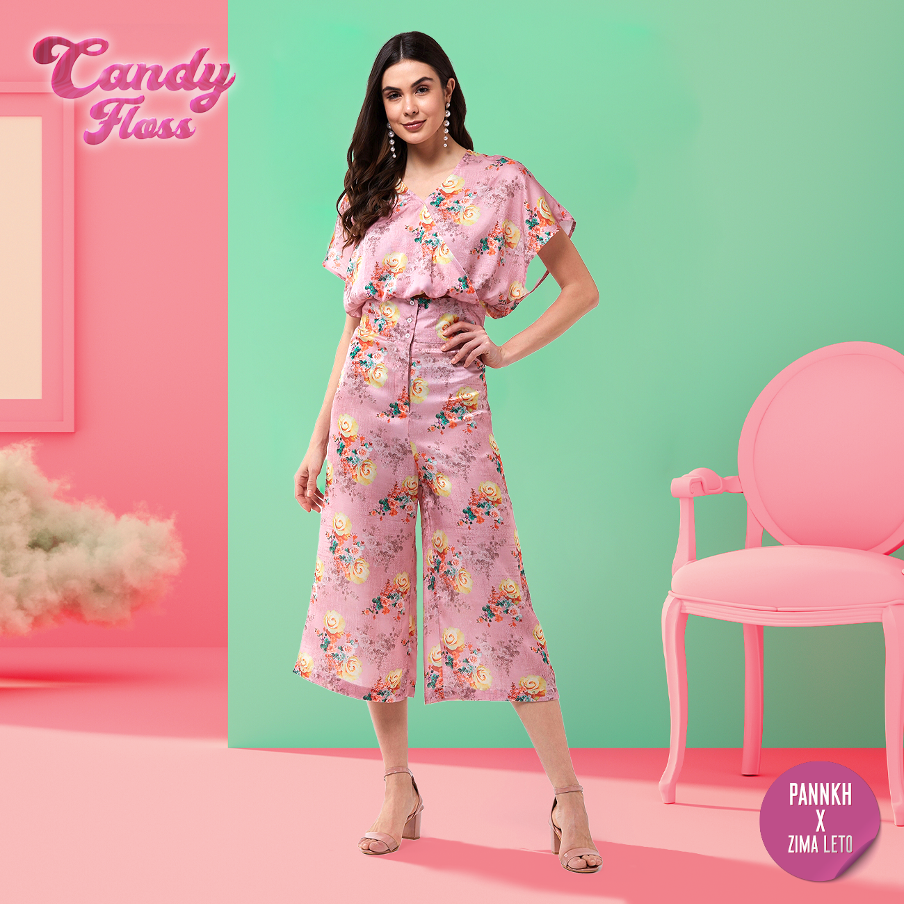 Women's Candy Inspired Floral Digital Printed Loose Top With High Waist Pants - Pannkh