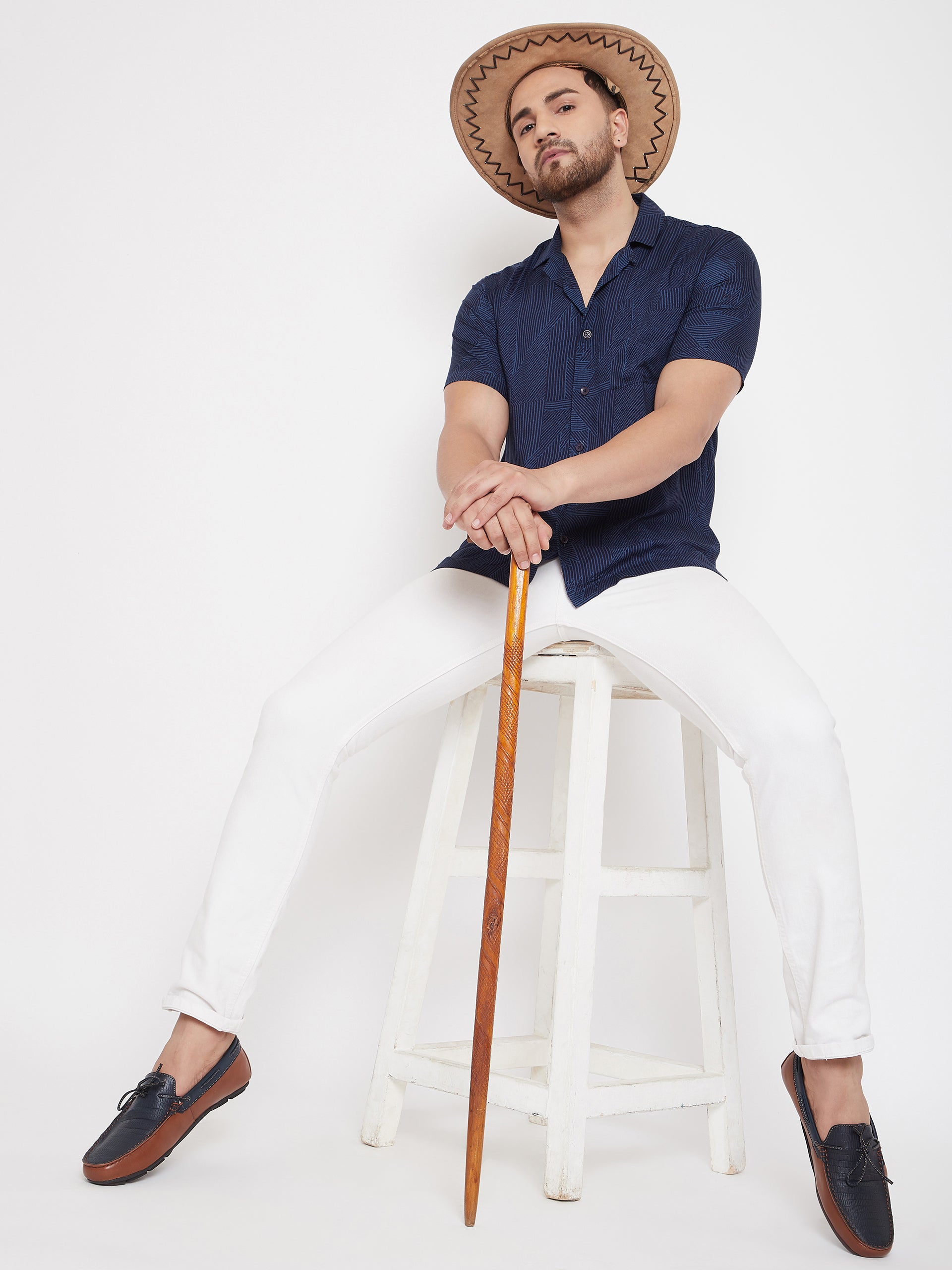 Men's Striped Navy Blue Cuban Collar Shirt
