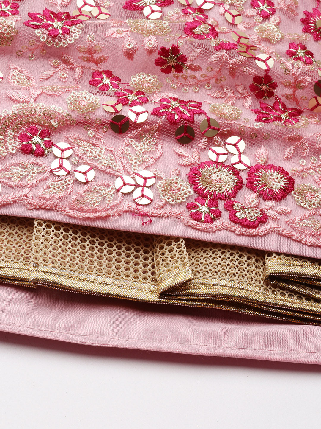 Women's Coral Pink Net Sequince Work Lehenga & Blouse, Dupatta - Royal Dwells