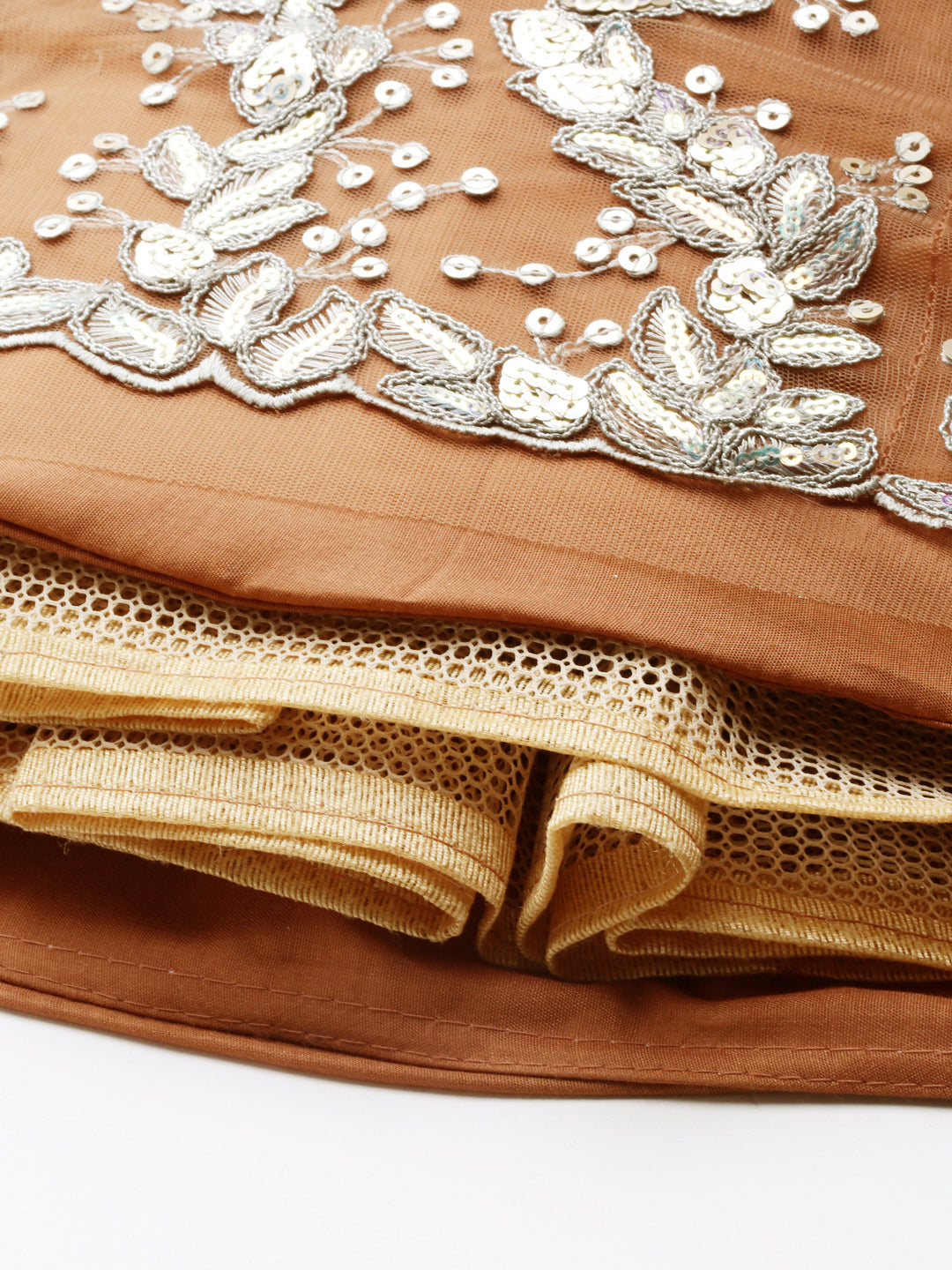Women's Rust Net Sequinse Work Fully Stitched Lehenga & Stitched Blouse, Dupatta - Royal Dwells