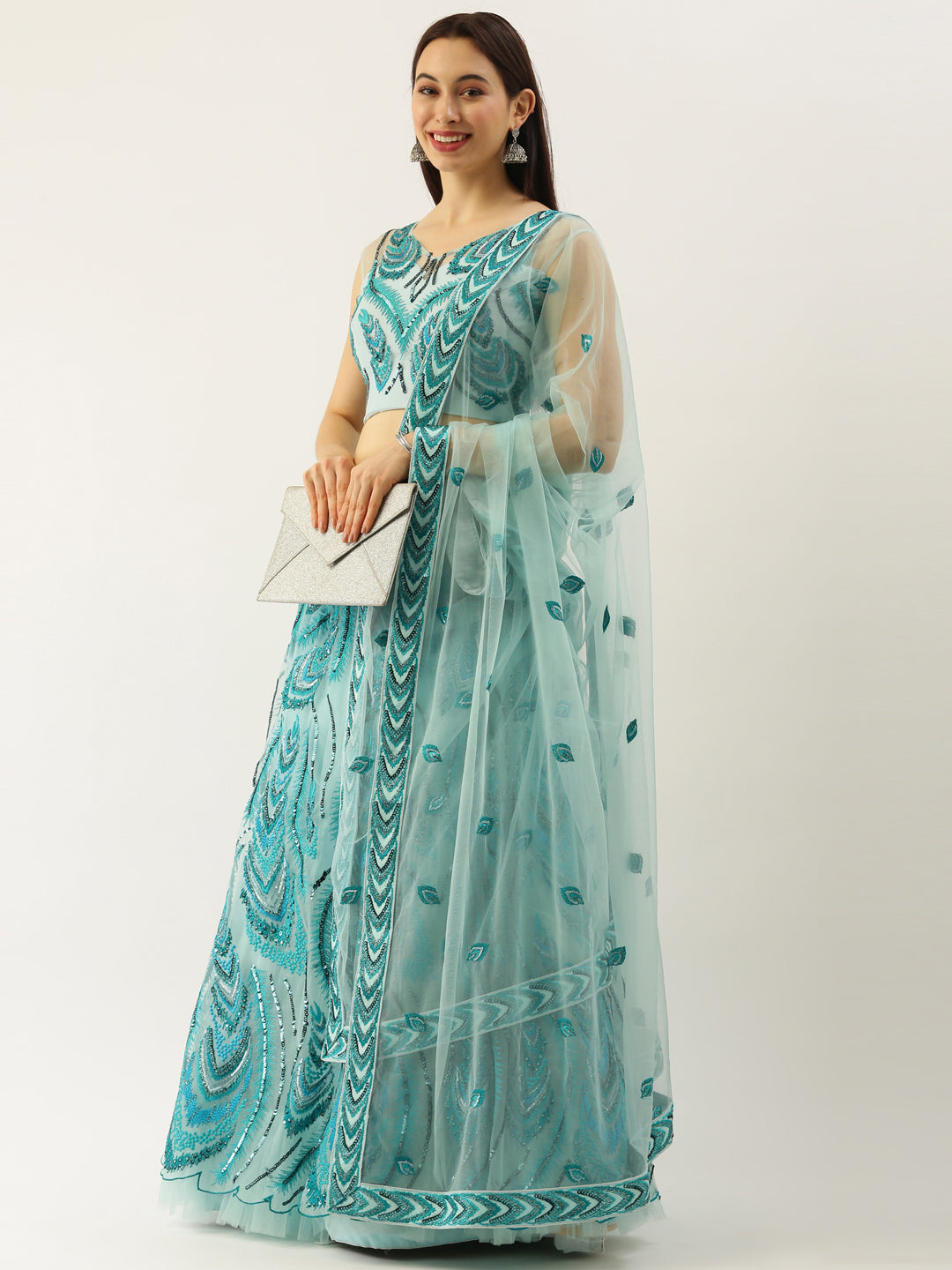 Women's Women Sea Green Net Sequins Embroidered Fully Stitched Lehenga & Blouse With Dupatta - Royal Dwells