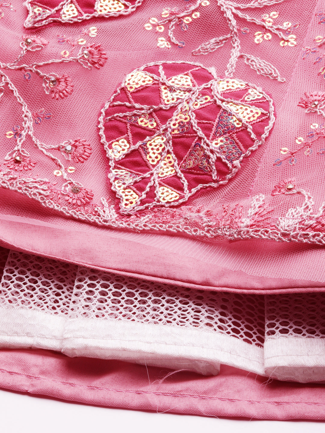 Women's Coral Net Sequinse Work Fully-Stitched Lehenga & Stitched Blouse, Dupatta - Royal Dwells