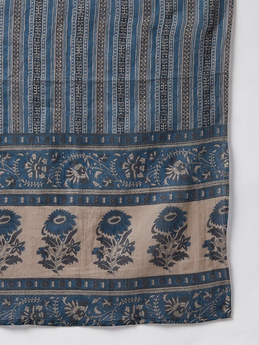 Women's Olive And Blue Ethnic Printed Side Slit Straight Kurta Palazzo And Dupatta Set  - Azira