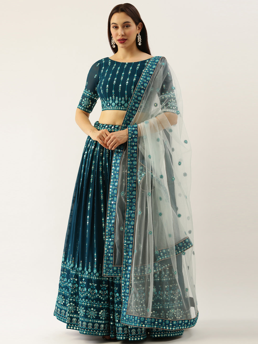 Women's Teal Georgette Sequince Work Lehenga & Blouse With Dupatta - Royal Dwells