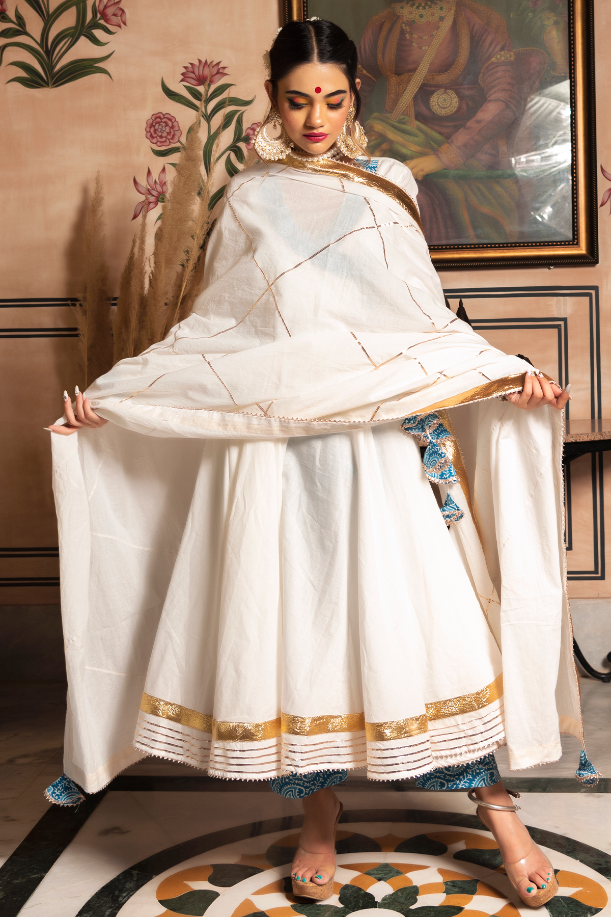 Women's White Mogra Pure Cotton Angrakha Set - Pomcha Jaipur