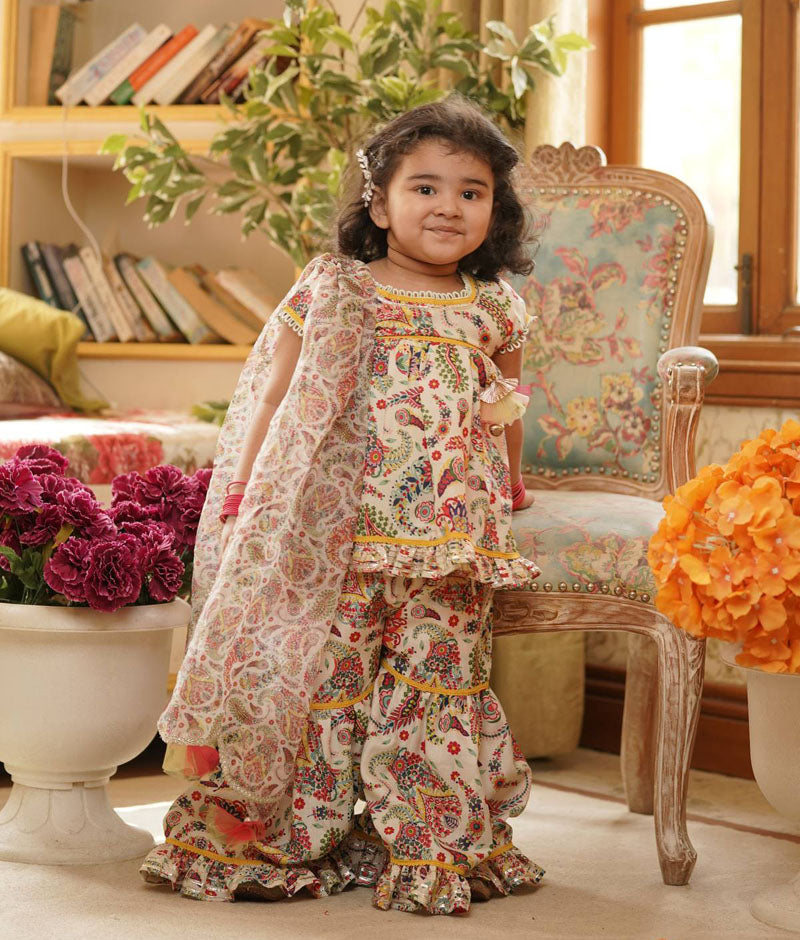 Girl's Floral Print Kurti Sharara - Fayon Kids