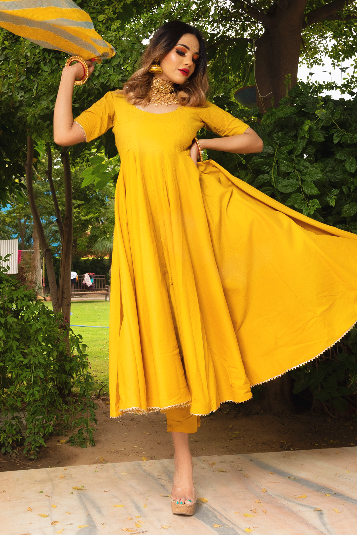 Women's Yellow Anarkali suit set with Pants & Dupatta (3pcs set) - Pomcha Jaipur
