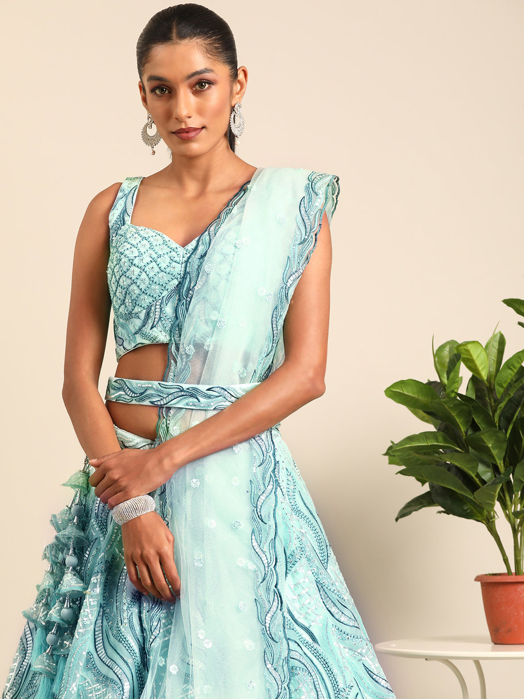 Women's Turquoise Blue Net Sequins, Zarkan And Thread Embroidery  Lehenga Choli & Dupatta - Royal Dwells