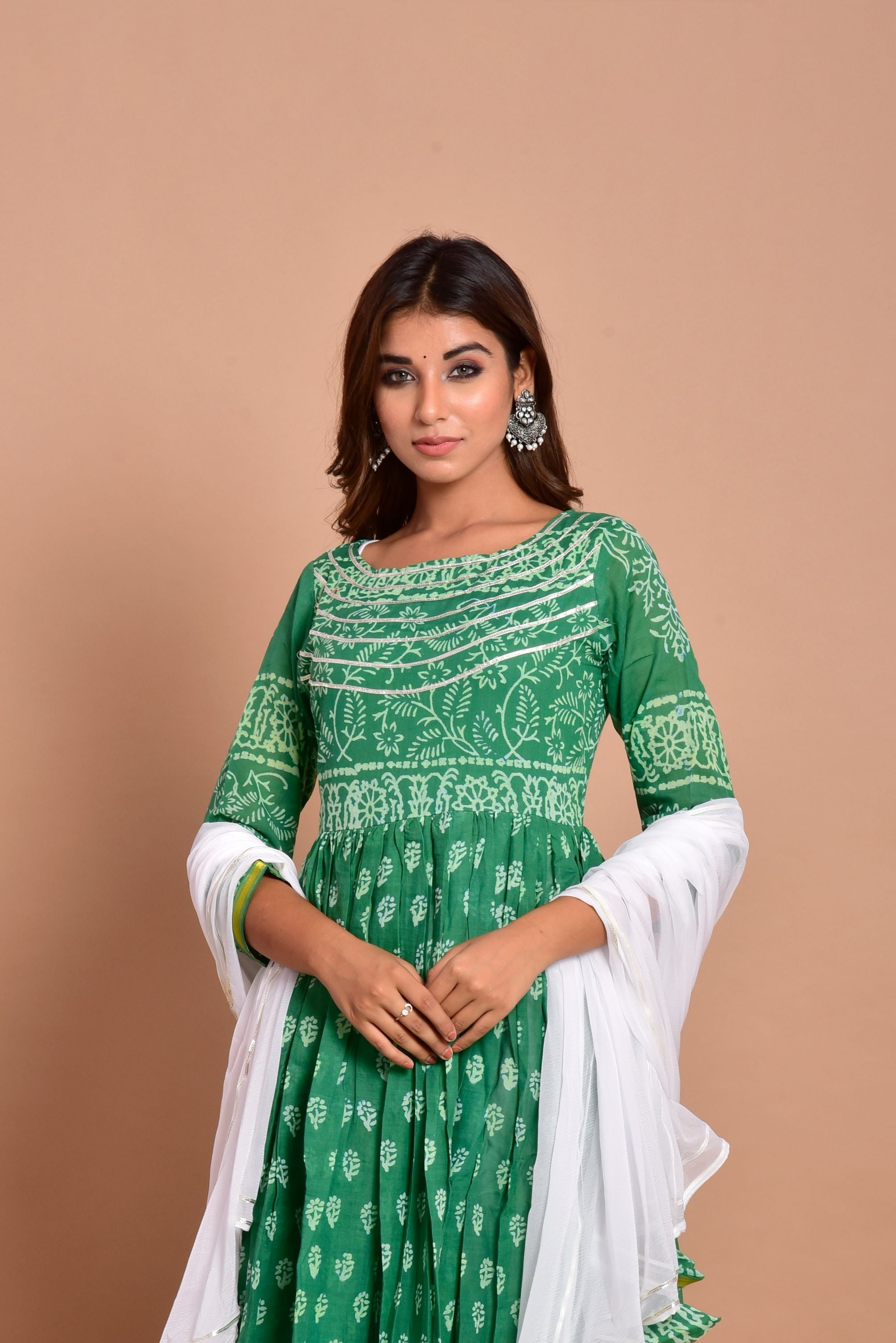 Women's Green Anarkali Dress With Dupatta- (2Pcs Set) - Saras The Label