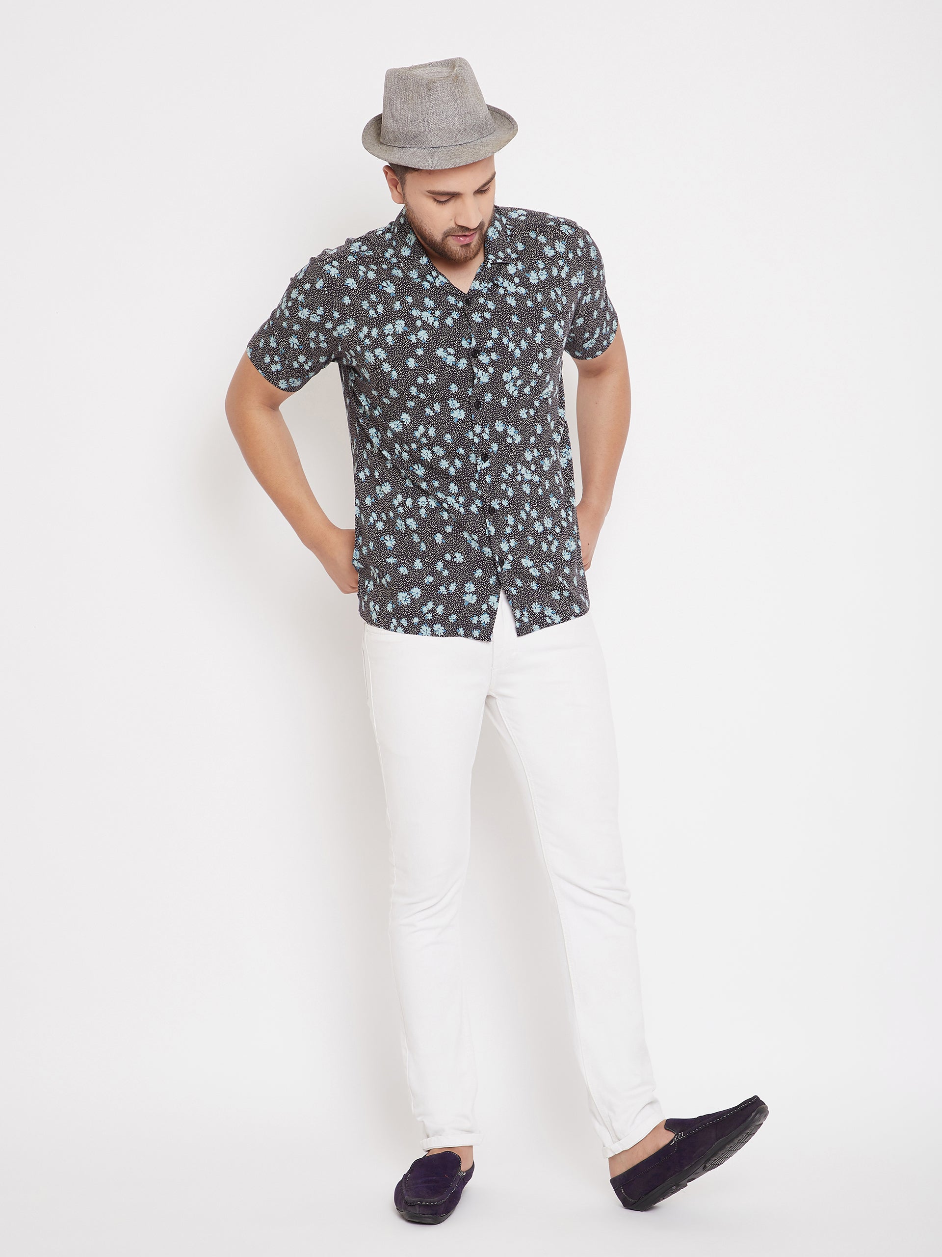 Men's Black & Aqua Floral Cuban Collar Shirt