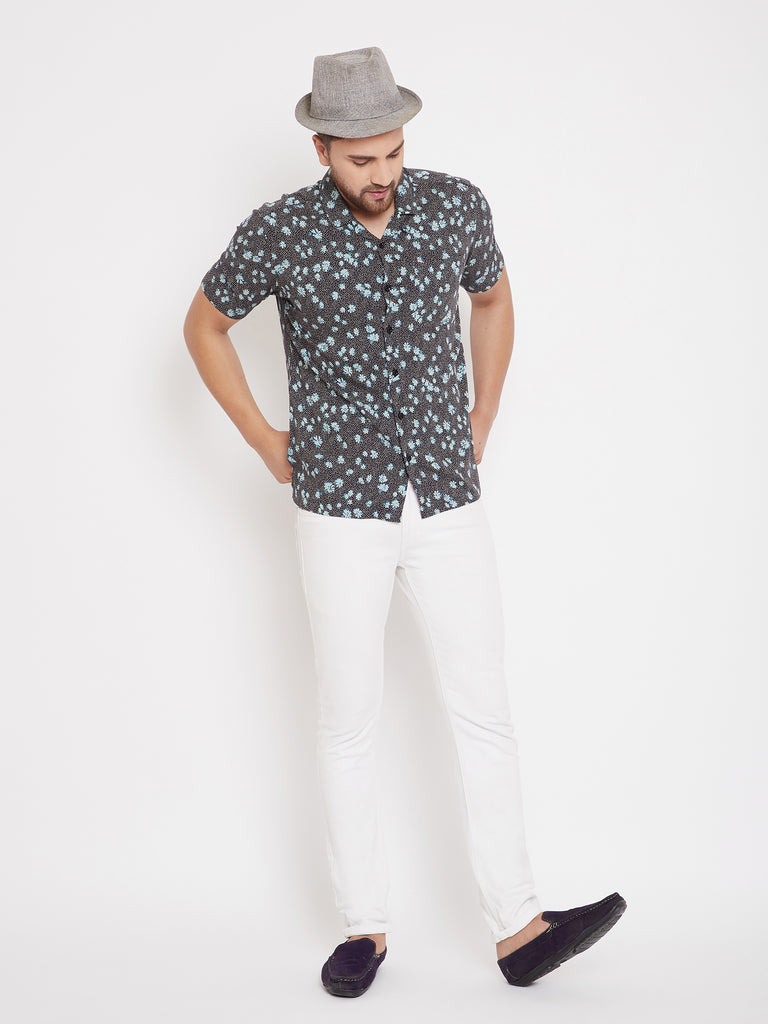 Men's Black & Aqua Floral Cuban Collar Shirt
