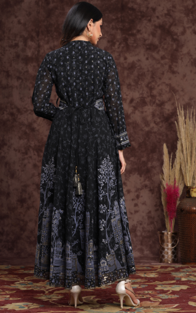 Women's Georgette Printed Flared Dress With Belt -Juniper
