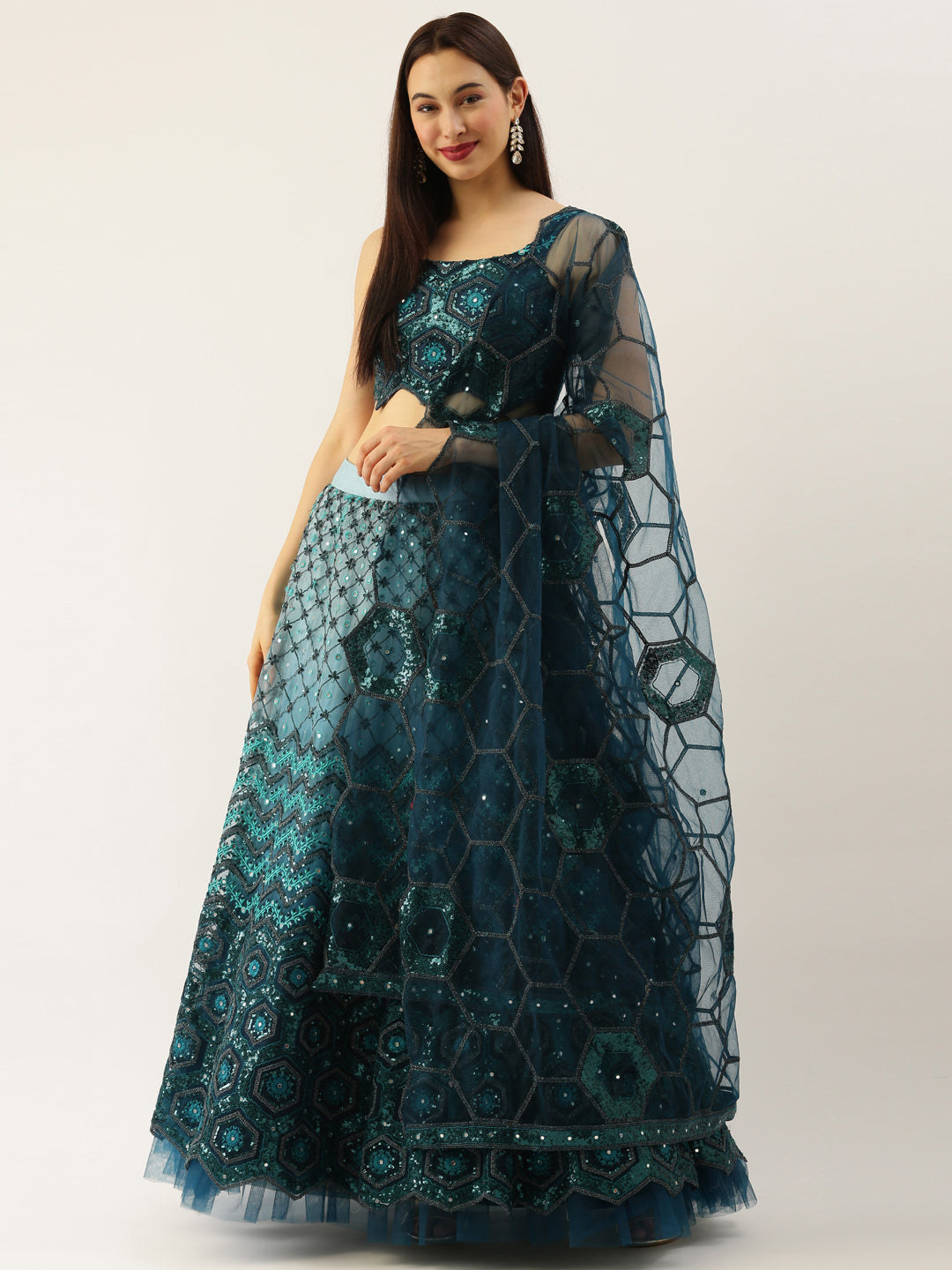 Women's Teal Net Embroidered Sequince Lehenga & Blouse With Dupatta - Royal Dwells