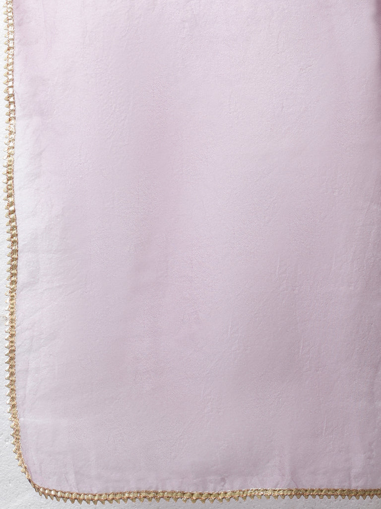 Women's Lilac Charm Brocade Straight Kurti With Straight Pants And Organza Dupatta