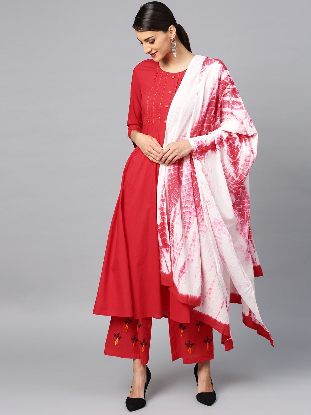 Women's  Red & White Yoke Design Kurta with Palazzos & Dupatta - AKS