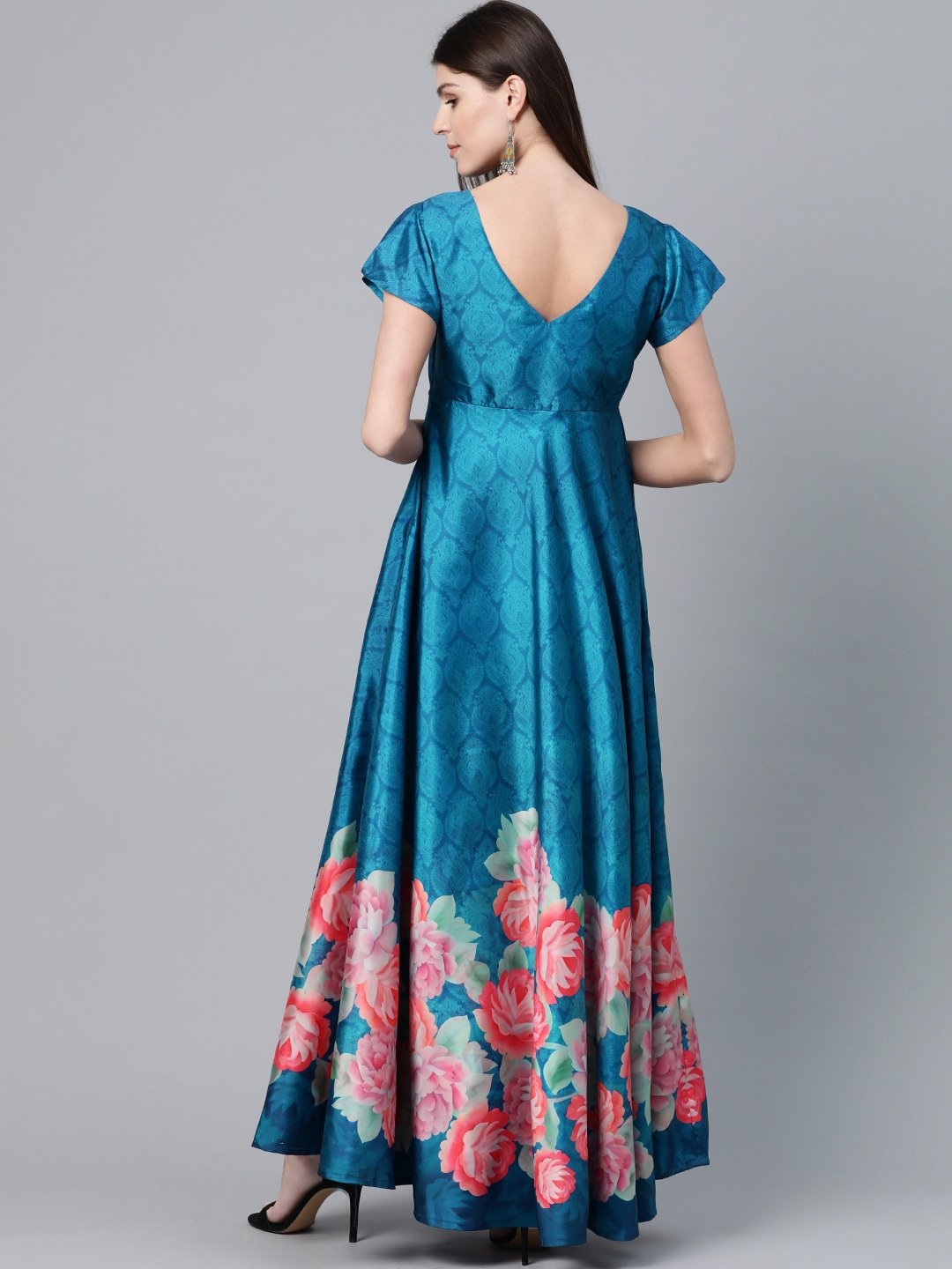Women's  Blue & Pink Floral Digital Printed Maxi Dress - AKS