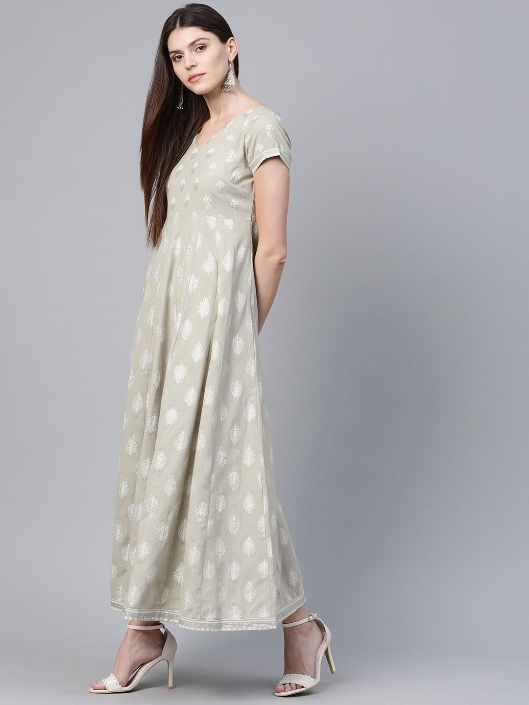 Women's  Taupe & Off White Khari Print Maxi Dress - AKS