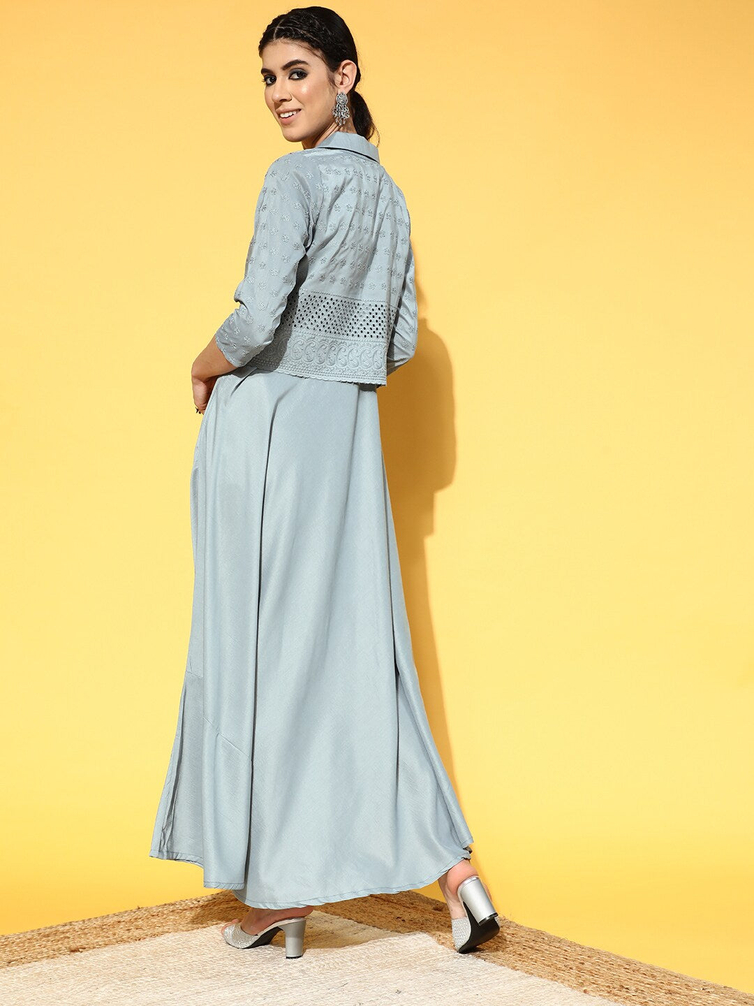 Women's Blue Schiffli Designed Maxi Dress With Jacket - Aks