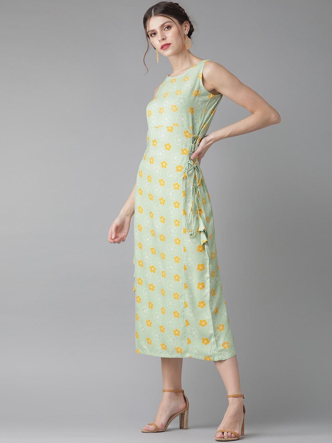 Women's  Green & Mustard Yellow Printed A-Line Dress - AKS