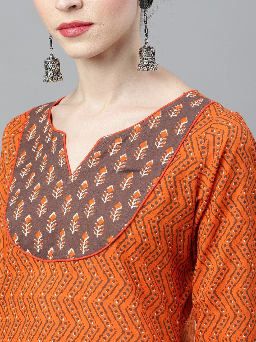 Women's  Orange & Brown Woven Design Straight Kurta - AKS